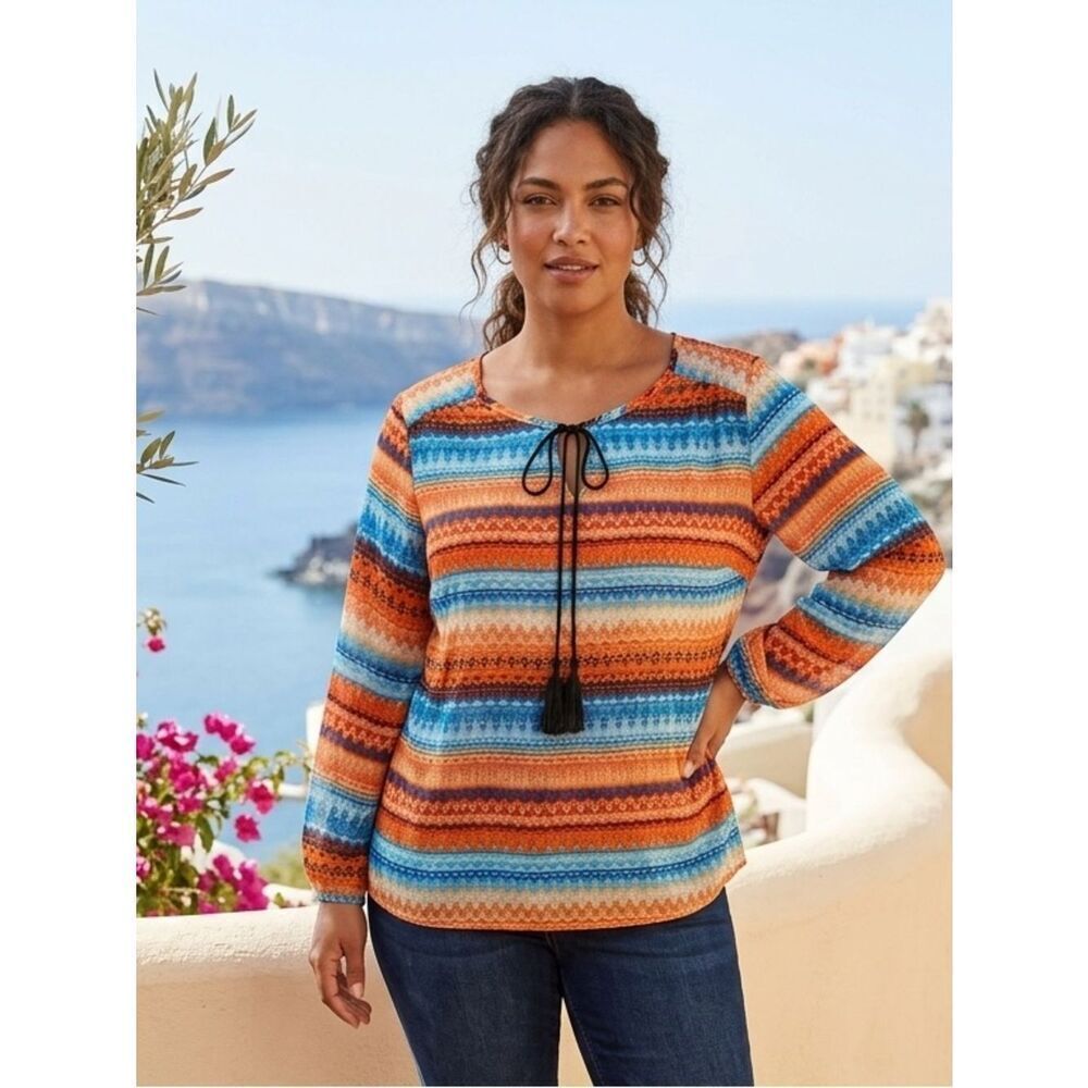 Take 50% OFF- Status Orange & Blue Striped Tie-Neck Women's Top, Size-L